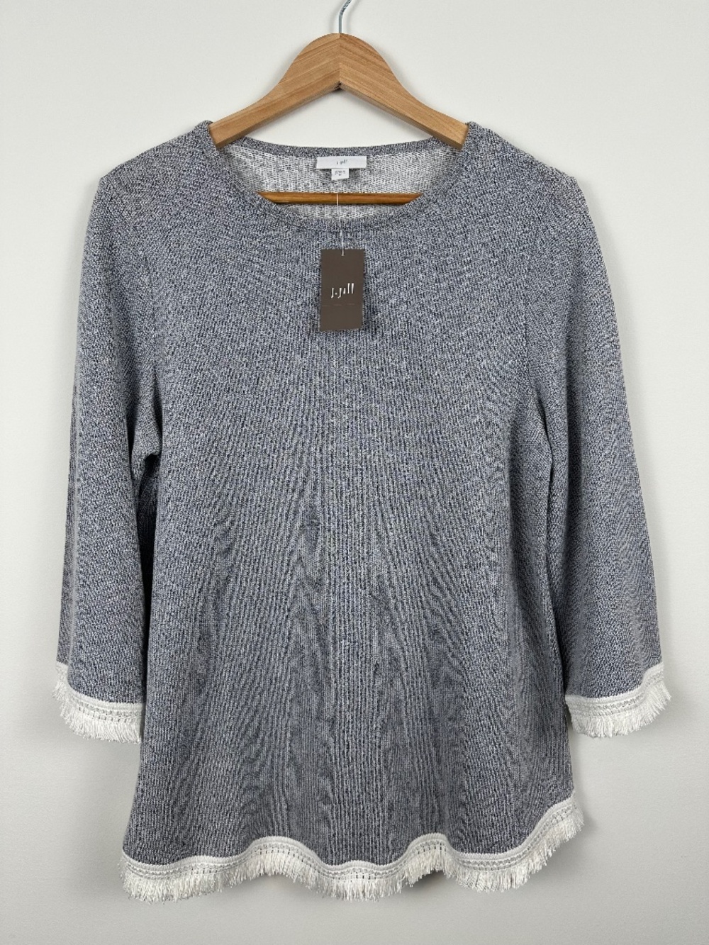 J.Jill Textured Knit Fringe Trim Top Gray Blue Dark Azure, Size M, NWT